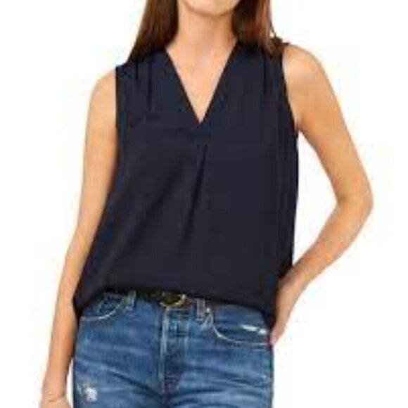𝅺Vince Camuto Black Shirred High/Low V-Neck Tank Size XS - Picture 1 of 11
